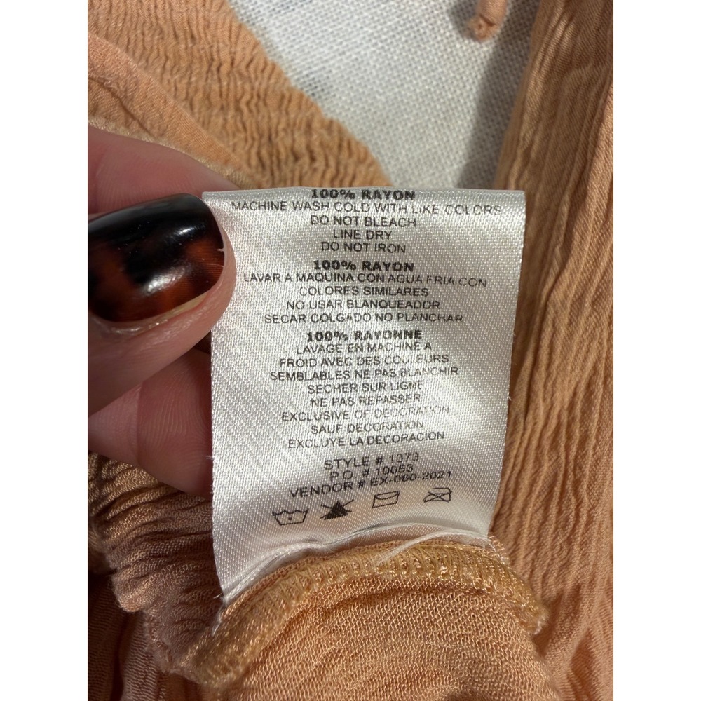 Salty Lemon Women Tan Crinkle Rayon 2 Piece Set Smocked Top Wide Leg Pants L - Picture 8 of 13